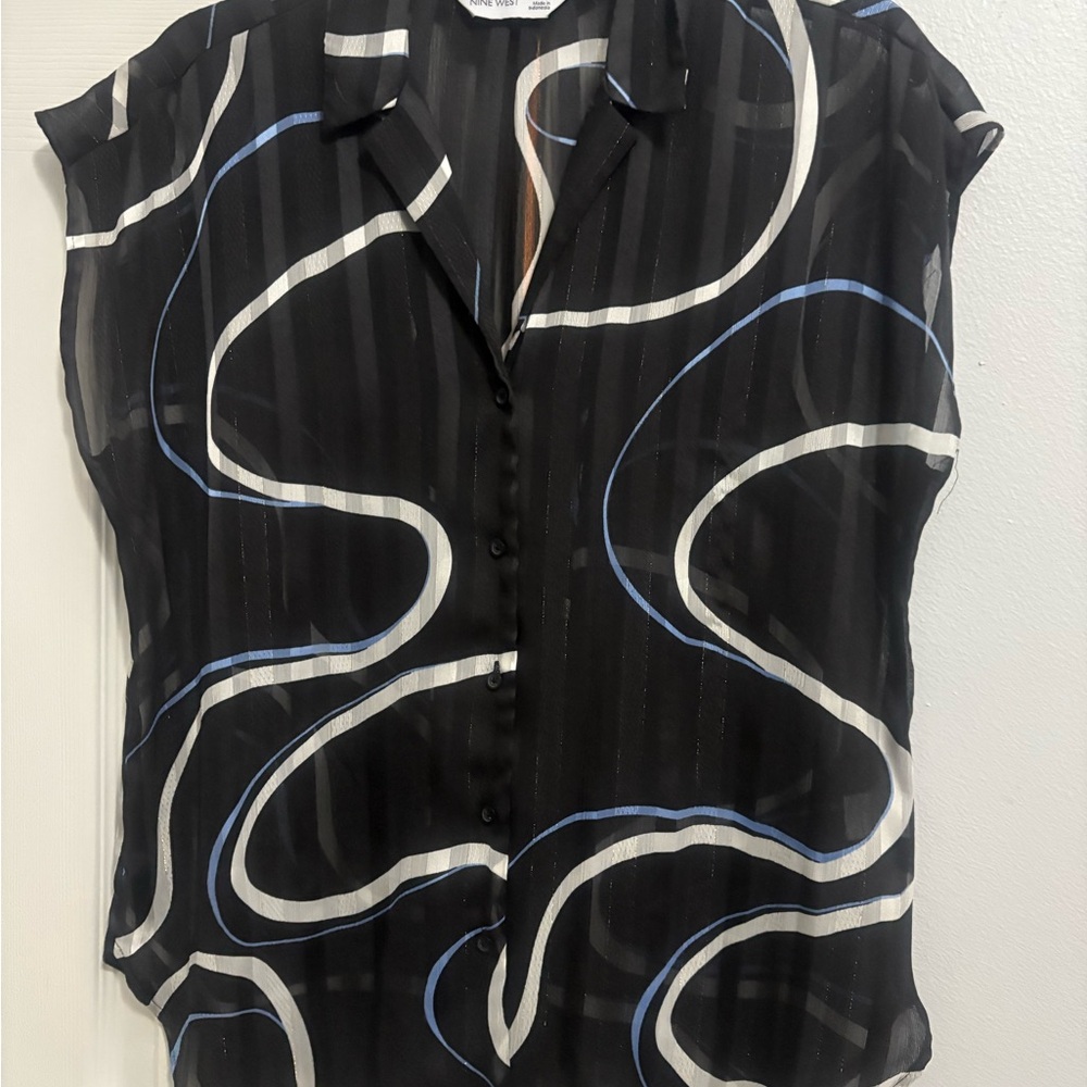Nine West Black and Blue Patterned Blouse